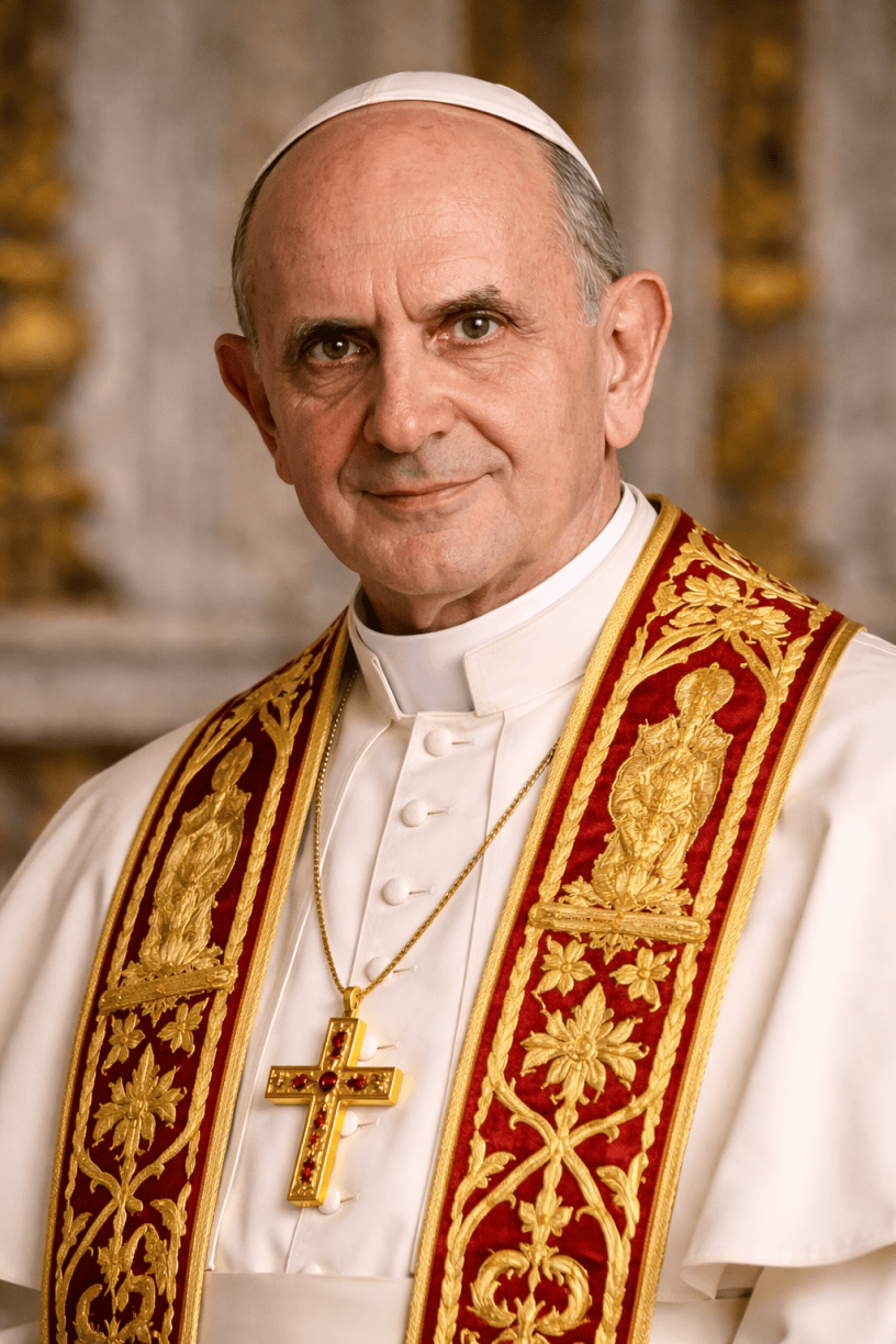 AI-generated portrait of Pope Paul VI wearing white papal vestments with a red and gold embroidered stole and a gold cross in a Vatican-style setting.