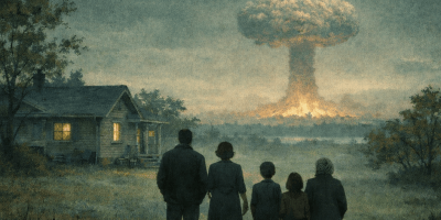 A Cold War-era family stands in the foreground watching a distant nuclear explosion rise into a mushroom cloud, set against a green-blue autumn sky, symbolizing the beginning of nuclear war.
