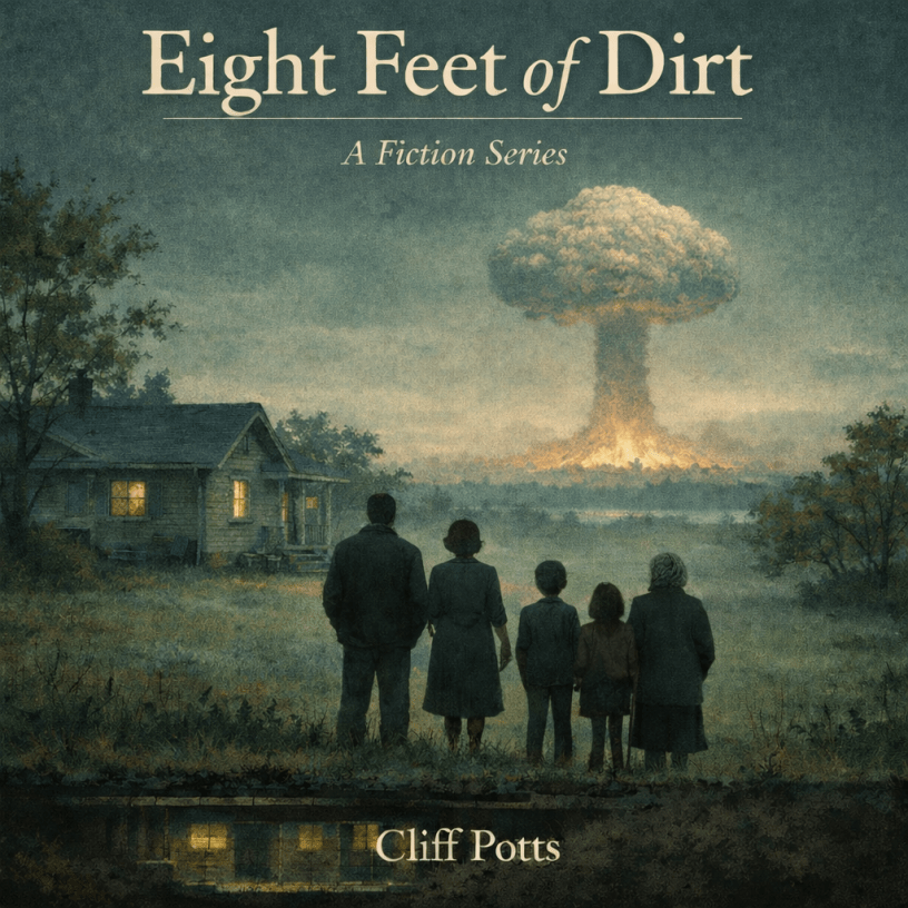 A Cold War-era family stands in the foreground watching a distant nuclear explosion rise into a mushroom cloud, set against a green-blue autumn sky, symbolizing the beginning of nuclear war.