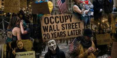 Collage of Occupy Chicago protest scenes showing demonstrators with signs, a person speaking through a megaphone, Guy Fawkes masks, American flags, and messages about student debt and class struggle, blended into a gritty urban street backdrop.