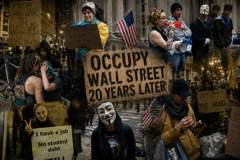 Collage of Occupy Chicago protest scenes showing demonstrators with signs, a person speaking through a megaphone, Guy Fawkes masks, American flags, and messages about student debt and class struggle, blended into a gritty urban street backdrop.