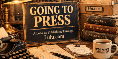 Vintage editorial-style workspace with a large “GOING TO PRESS” sign, an old typewriter, marked-up manuscript pages, stacked books, a file box, and a WPS News coffee mug under warm lamplight.