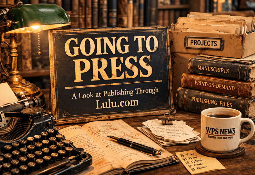 Vintage editorial-style workspace with a large “GOING TO PRESS” sign, an old typewriter, marked-up manuscript pages, stacked books, a file box, and a WPS News coffee mug under warm lamplight.