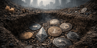 A dark grave-like pit filled with abandoned cryptocurrency coins in front of a foggy city skyline, symbolizing failed crypto projects and speculative collapse.