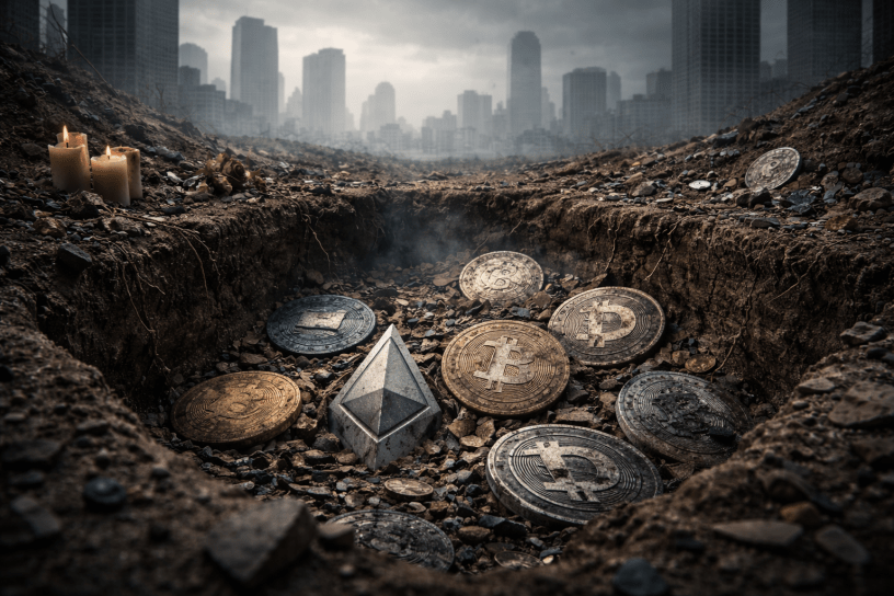 A dark grave-like pit filled with abandoned cryptocurrency coins in front of a foggy city skyline, symbolizing failed crypto projects and speculative collapse.