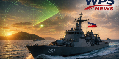 Radar screen overlay showing a contact at sea with a Philippine naval vessel moving through coastal waters at sunset, branded with WPS News logo.