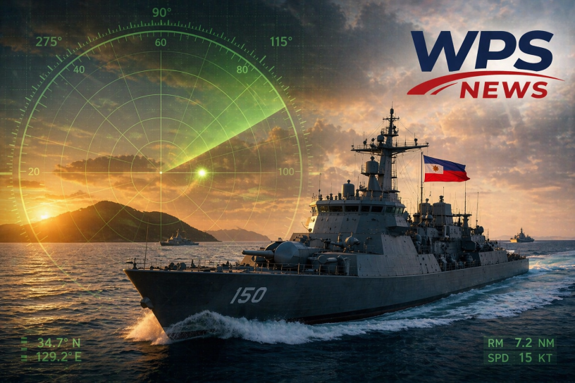 Radar screen overlay showing a contact at sea with a Philippine naval vessel moving through coastal waters at sunset, branded with WPS News logo.