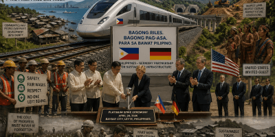 Modern high-speed train in the Philippines during a ceremonial platinum spike event with Filipino and German officials, construction workers, and community members, highlighting safety, sustainability, and lessons from past railroad development.