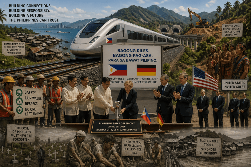 Modern high-speed train in the Philippines during a ceremonial platinum spike event with Filipino and German officials, construction workers, and community members, highlighting safety, sustainability, and lessons from past railroad development.