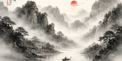 Traditional Chinese ink wash landscape with misty mountains, river, small village, and lone boat under a red sun