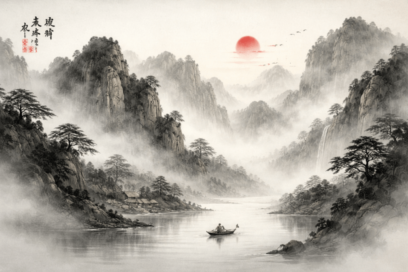 Traditional Chinese ink wash landscape with misty mountains, river, small village, and lone boat under a red sun