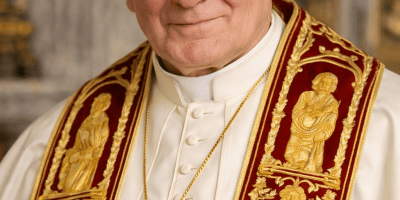 AI-generated image of Pope John Paul II wearing traditional white papal vestments with a red and gold stole and a gold cross in a Vatican-style setting.