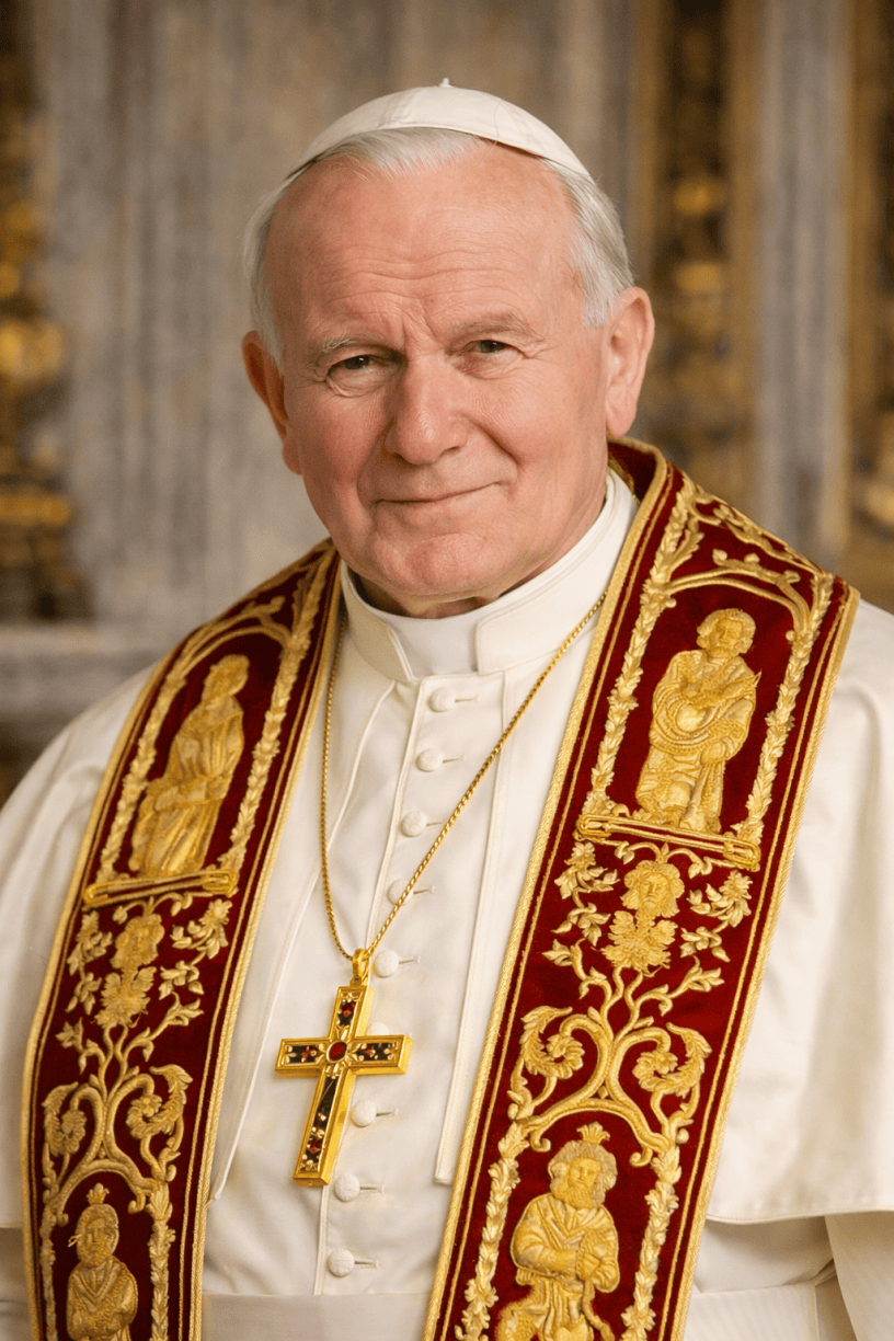 AI-generated image of Pope John Paul II wearing traditional white papal vestments with a red and gold stole and a gold cross in a Vatican-style setting.