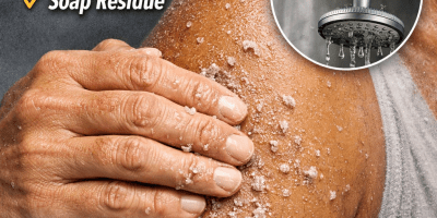 Close-up of a person rubbing their skin, producing small gray particles, with text explaining that these are dead skin cells, oils, and soap residue rather than dirt.