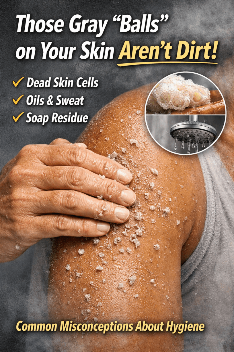 Close-up of a person rubbing their skin, producing small gray particles, with text explaining that these are dead skin cells, oils, and soap residue rather than dirt.
