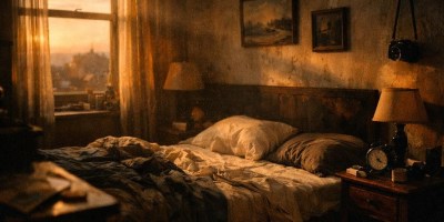 Cinematic bedroom dawn light, moody, high detail