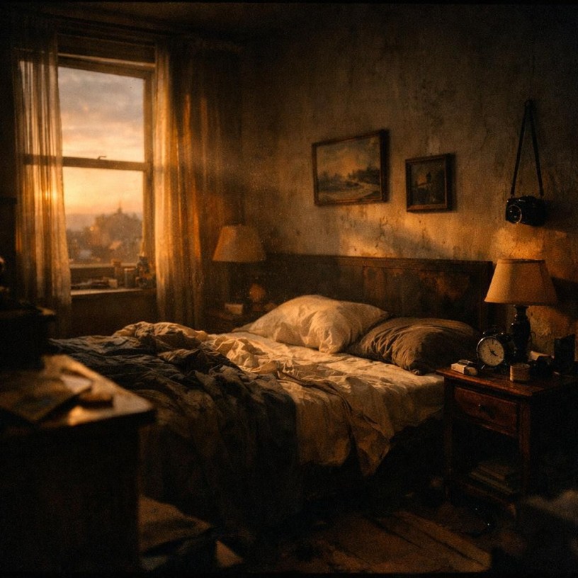Cinematic bedroom dawn light, moody, high detail