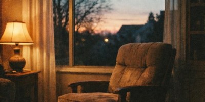 Armchair beside a lit table lamp near a large window showing a dusk sky