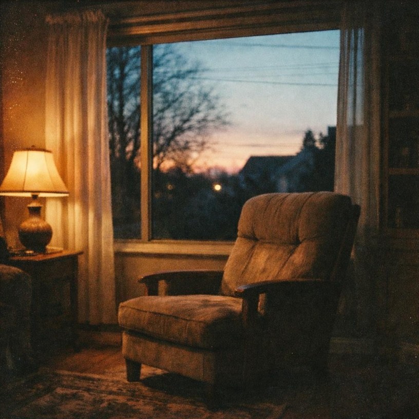 Armchair beside a lit table lamp near a large window showing a dusk sky