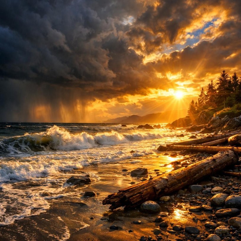 Post-storm shoreline golden light breaking clouds