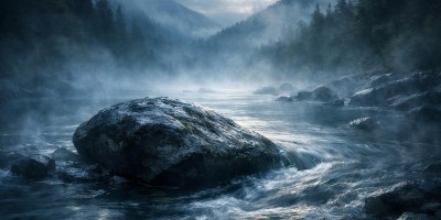 River with mist and large rocks surrounded by forested mountains