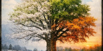 A tree showing spring blossoms, summer leaves, autumn foliage, and winter snow