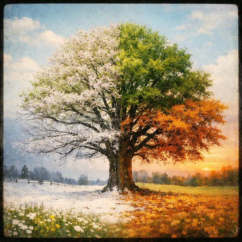 A tree showing spring blossoms, summer leaves, autumn foliage, and winter snow