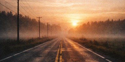 Empty rural highway at sunrise with fog and power lines