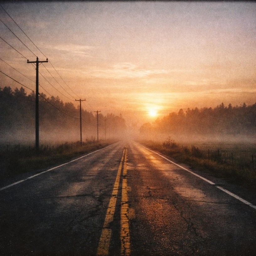 Empty rural highway at sunrise with fog and power lines