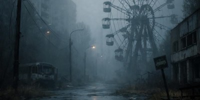 Deserted street with a ferris wheel, abandoned bus, and gas mask on wet ground