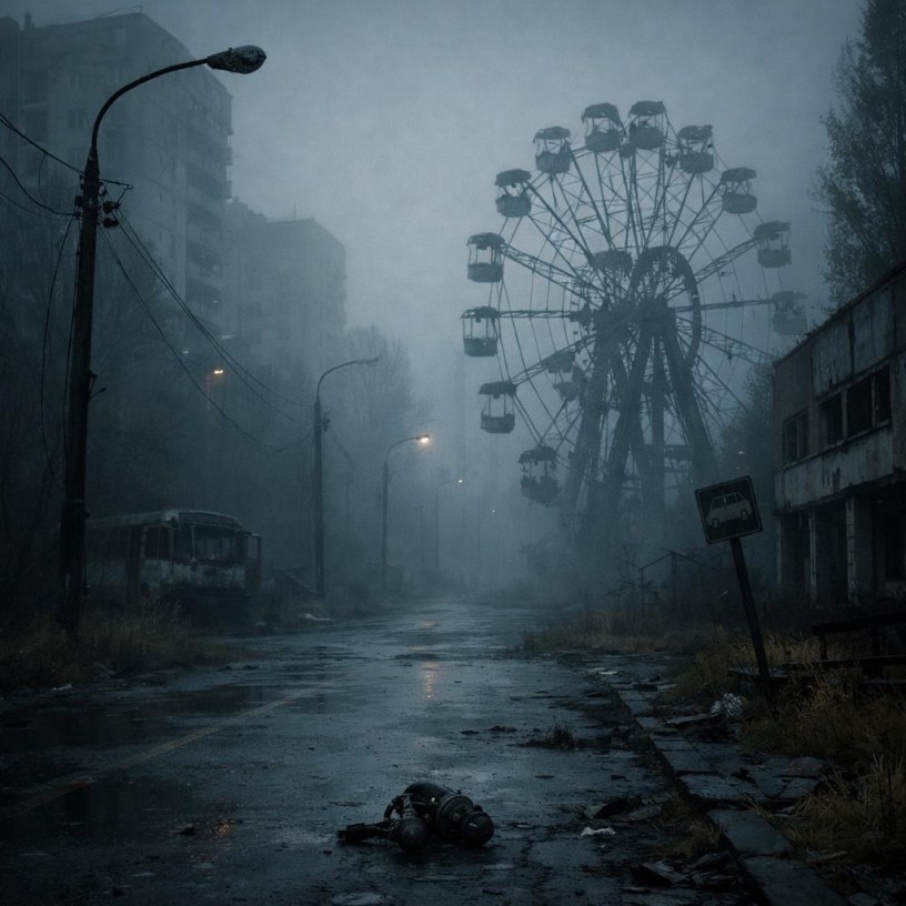 Deserted street with a ferris wheel, abandoned bus, and gas mask on wet ground