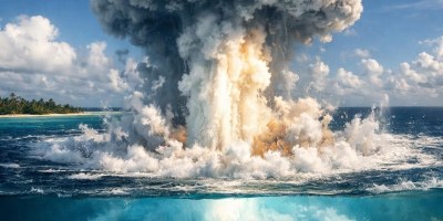 Massive explosion in the ocean with mushroom cloud and underwater bubble ring