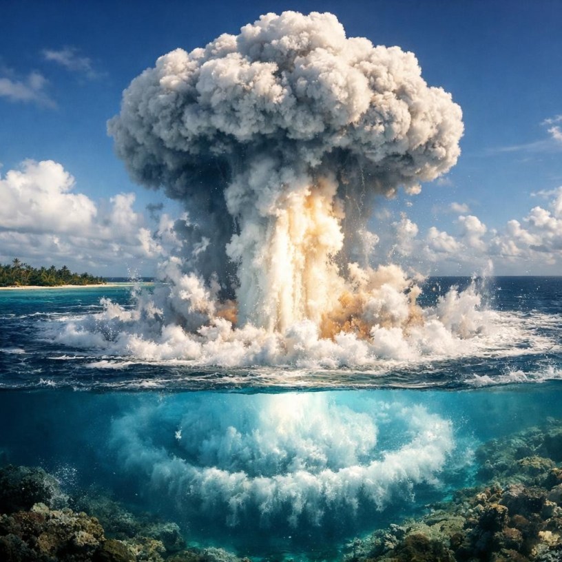 Massive explosion in the ocean with mushroom cloud and underwater bubble ring