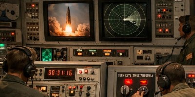 Military personnel operating missile launch control consoles with launch enabled sign and rocket launch on screen