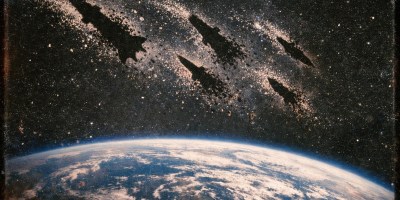 Silhouettes of rockets breaking apart in space with stars and Earth below