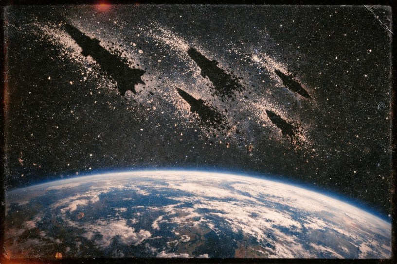 Silhouettes of rockets breaking apart in space with stars and Earth below