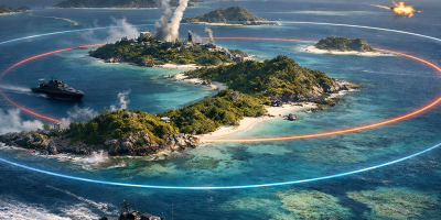 Military jets firing missiles and naval patrol boats surrounding a tropical island amid combat action.