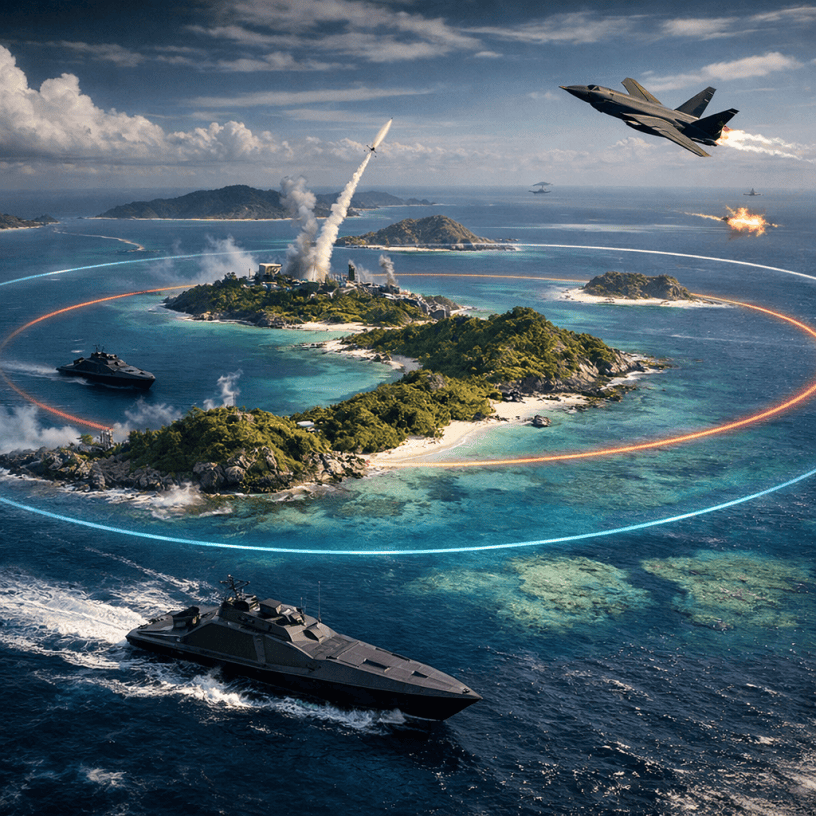 Military jets firing missiles and naval patrol boats surrounding a tropical island amid combat action.