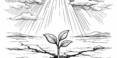 A young plant with three leaves sprouting from cracked dry ground under sun rays