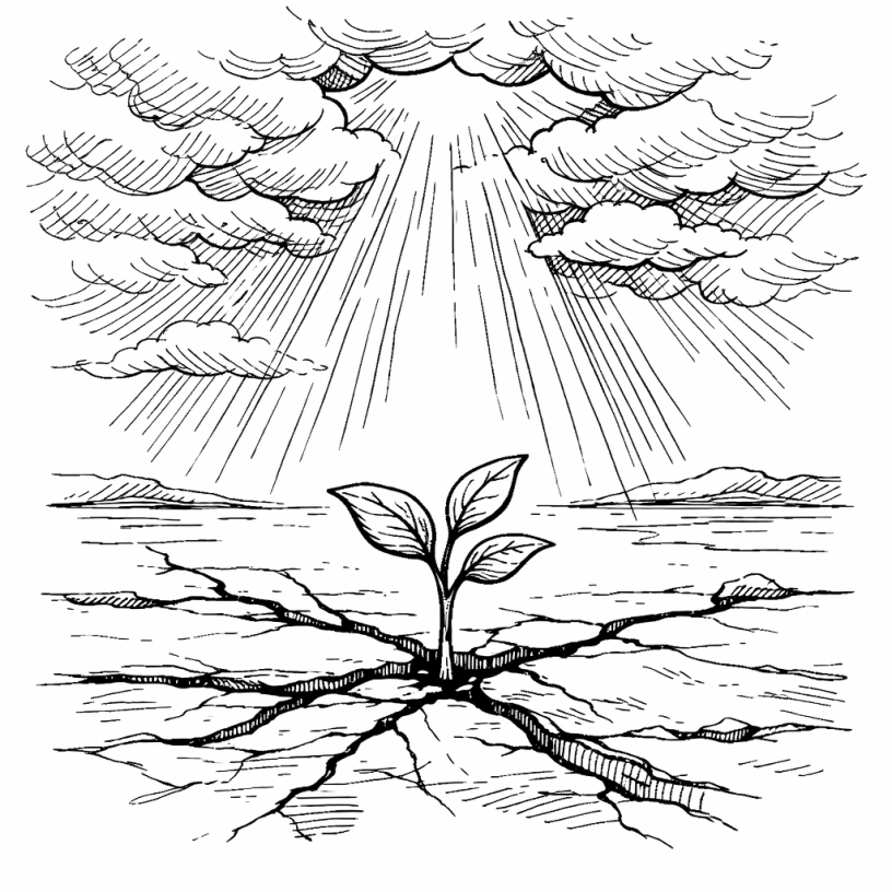 A young plant with three leaves sprouting from cracked dry ground under sun rays