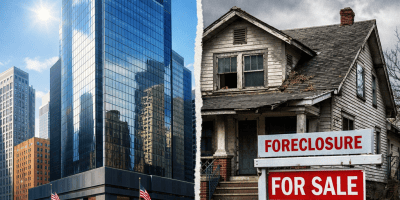 Modern bank building next to a deteriorated house with foreclosure and for sale signs