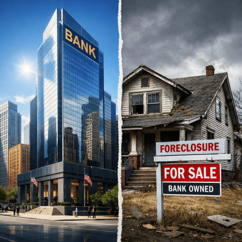Modern bank building next to a deteriorated house with foreclosure and for sale signs