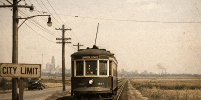 1920s Chicago streetcar heading toward open fields