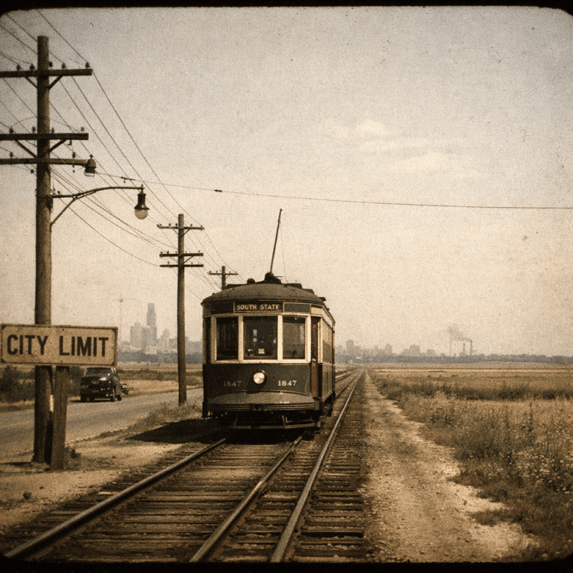 1920s Chicago streetcar heading toward open fields