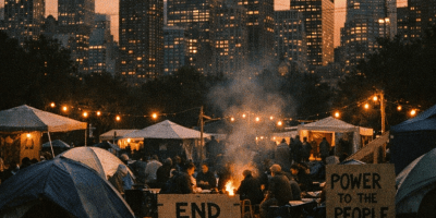 Tents and protest signs reading 'HOUSING NOT WAR!', 'END THE GREED', and 'POWER TO THE PEOPLE' at a city protest camp at dusk