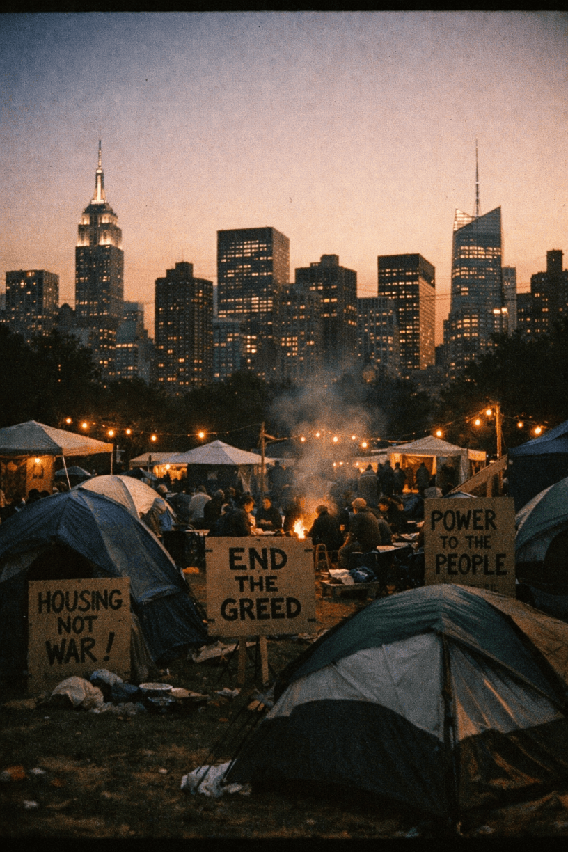 Tents and protest signs reading 'HOUSING NOT WAR!', 'END THE GREED', and 'POWER TO THE PEOPLE' at a city protest camp at dusk