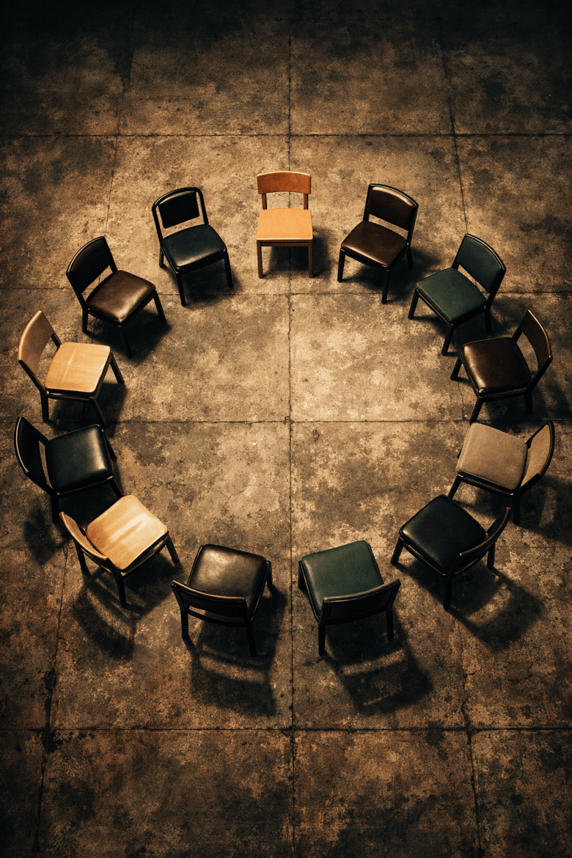 Circle of twelve empty chairs in various colors on concrete floor