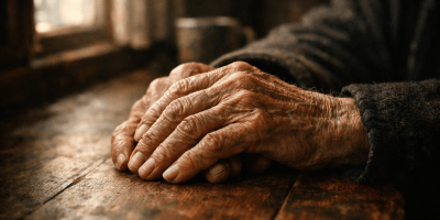 Aged, wrinkled hands resting on a rustic wooden table