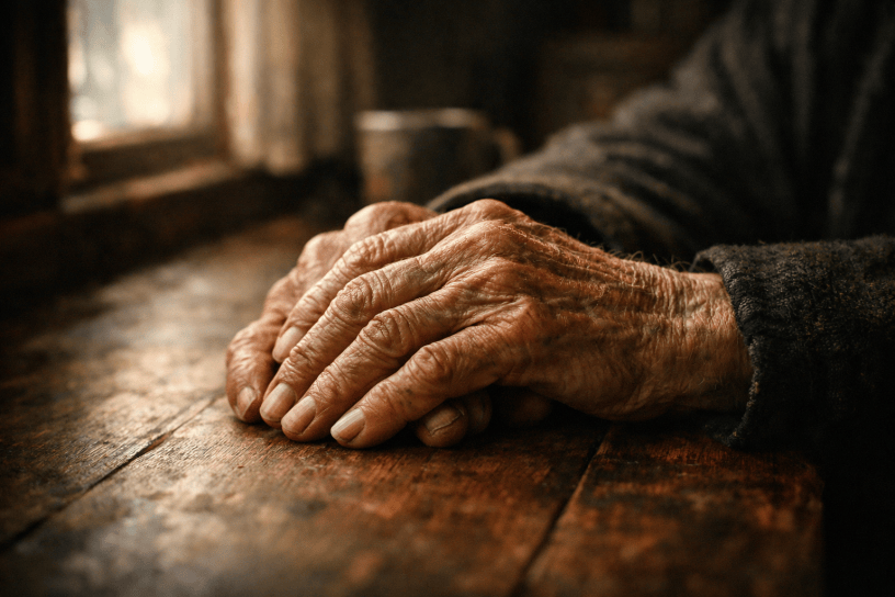 Aged, wrinkled hands resting on a rustic wooden table
