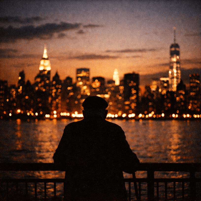 Silhouette of a person standing by waterfront railing with blurred city lights in background at dusk